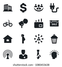 Set of vector isolated black icon - hierarchy vector, dollar sign, garden light, bike, doctor, pregnancy, microphone, antenna, company, tie, mail, house, sale, office building, power plug
