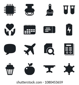 Set of vector isolated black icon - plane vector, ticket, blood test vial, heart hand, term, message, themes, charge, document search, contract, stamp, table, apple fruit, chip, outdoor lamp, police