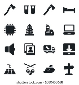 Set of vector isolated black icon - bed vector, axe, blood test vial, sea shipping, laptop pc, radio phone, download, photo gallery, office building, moving, sushi, chip, warm floor, sound