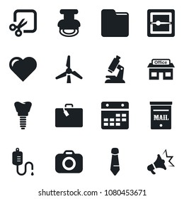 Set of vector isolated black icon - suitcase vector, tie, heart, dropper, microscope, implant, store, camera, scanner, folder, calendar, cut, stamp, mailbox, windmill, advertising