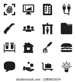 Set of vector isolated black icon - baggage trolley vector, security gate, garden fork, house, knife, blood test vial, rca, message, sim, folder, monitor statistics, hamburger, fingerprint, group
