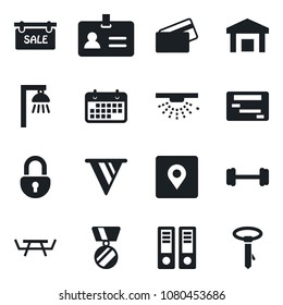 Set of vector isolated black icon - identity vector, office binder, medal, picnic table, barbell, term, warehouse, place tag, lock, sale, credit card, outdoor lamp, sprinkler, pennon, schedule, tie