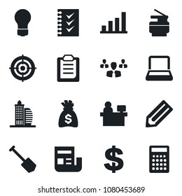 Set of vector isolated black icon - dollar sign vector, money bag, manager place, bulb, job, pencil, clipboard, bar graph, news, checklist, target, notebook pc, copier, office building, group