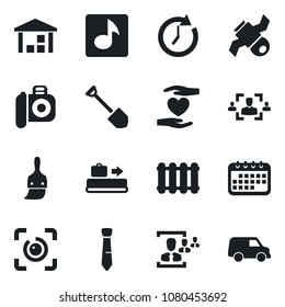 Set of vector isolated black icon - baggage conveyor vector, job, heart hand, satellite, warehouse, camera, themes, eye id, music, hr, tie, radiator, clock, calendar, car