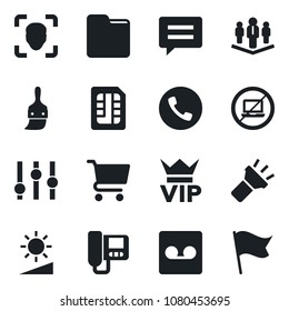 Set of vector isolated black icon - phone vector, no laptop, vip, settings, message, themes, record, sim, folder, torch, brightness, face id, company, intercome, cart, flag