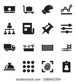 Set of vector isolated black icon - baggage trolley vector, reception bell, hierarchy, drawing pin, glove, seedling, cargo container, car delivery, railroad, menu, tuning, news, point graph, pool