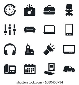 Set of vector isolated black icon - bomb in case vector, office chair, document, settings, tv, headphones, radio phone, mobile, torch, calendar, notebook pc, cushioned furniture, intercome, clock