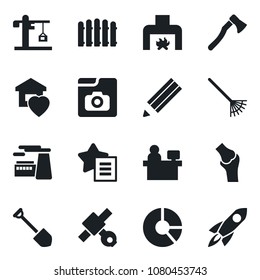 Set of vector isolated black icon - manager place vector, job, factory, circle chart, fence, rake, axe, joint, satellite, favorites list, photo gallery, pencil, sweet home, fireplace, crane, rocket