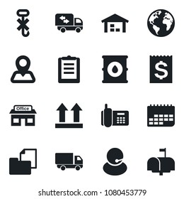 Set of vector isolated black icon - navigation vector, earth, store, office phone, support, car delivery, term, receipt, clipboard, folder document, up side sign, no hook, oil barrel, warehouse