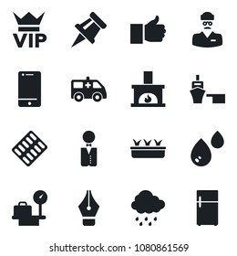 Set of vector isolated black icon - vip vector, luggage scales, seedling, rain, pills blister, ambulance car, doctor, sea port, cell phone, finger up, drawing pin, ink pen, fireplace, waiter, water