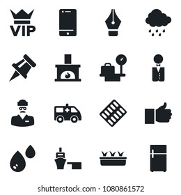 Set of vector isolated black icon - vip vector, luggage scales, seedling, rain, pills blister, ambulance car, doctor, sea port, cell phone, finger up, drawing pin, ink pen, fireplace, waiter, water