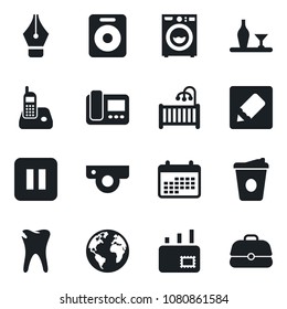 Set of vector isolated black icon - coffee vector, caries, earth, radio phone, speaker, pause button, notes, ink pen, mail, children room, washer, alcohol, web camera, intercome, calendar, case