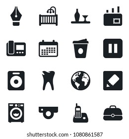 Set of vector isolated black icon - coffee vector, caries, earth, radio phone, speaker, pause button, notes, ink pen, mail, children room, washer, alcohol, web camera, intercome, calendar, case
