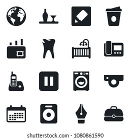 Set of vector isolated black icon - coffee vector, caries, earth, radio phone, speaker, pause button, notes, ink pen, mail, children room, washer, alcohol, web camera, intercome, calendar, case