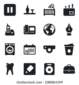 Set of vector isolated black icon - coffee vector, caries, earth, radio phone, speaker, pause button, notes, ink pen, mail, children room, washer, alcohol, web camera, intercome, calendar, case