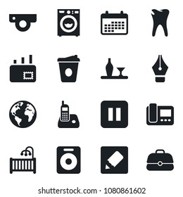 Set of vector isolated black icon - coffee vector, caries, earth, radio phone, speaker, pause button, notes, ink pen, mail, children room, washer, alcohol, web camera, intercome, calendar, case