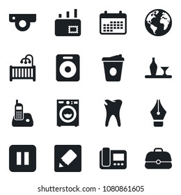Set of vector isolated black icon - coffee vector, caries, earth, radio phone, speaker, pause button, notes, ink pen, mail, children room, washer, alcohol, web camera, intercome, calendar, case