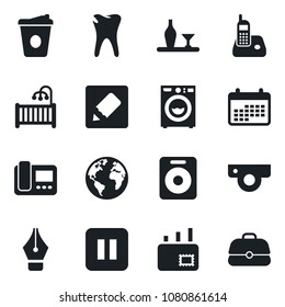 Set of vector isolated black icon - coffee vector, caries, earth, radio phone, speaker, pause button, notes, ink pen, mail, children room, washer, alcohol, web camera, intercome, calendar, case