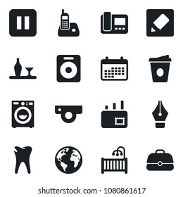 Set of vector isolated black icon - coffee vector, caries, earth, radio phone, speaker, pause button, notes, ink pen, mail, children room, washer, alcohol, web camera, intercome, calendar, case