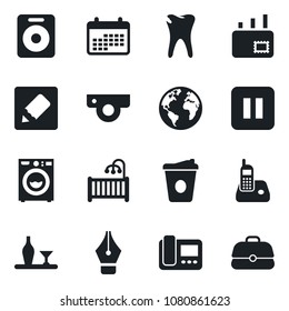 Set of vector isolated black icon - coffee vector, caries, earth, radio phone, speaker, pause button, notes, ink pen, mail, children room, washer, alcohol, web camera, intercome, calendar, case