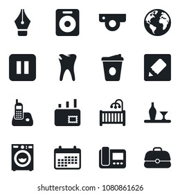 Set of vector isolated black icon - coffee vector, caries, earth, radio phone, speaker, pause button, notes, ink pen, mail, children room, washer, alcohol, web camera, intercome, calendar, case
