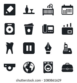 Set of vector isolated black icon - coffee vector, caries, earth, radio phone, speaker, pause button, notes, ink pen, mail, children room, washer, alcohol, web camera, intercome, calendar, case