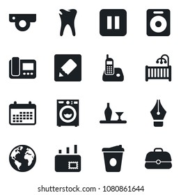 Set of vector isolated black icon - coffee vector, caries, earth, radio phone, speaker, pause button, notes, ink pen, mail, children room, washer, alcohol, web camera, intercome, calendar, case