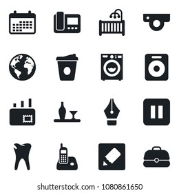 Set of vector isolated black icon - coffee vector, caries, earth, radio phone, speaker, pause button, notes, ink pen, mail, children room, washer, alcohol, web camera, intercome, calendar, case