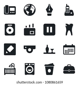 Set of vector isolated black icon - coffee vector, caries, earth, radio phone, speaker, pause button, notes, ink pen, mail, children room, washer, alcohol, web camera, intercome, calendar, case