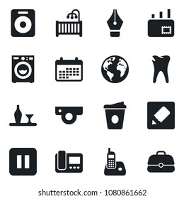 Set of vector isolated black icon - coffee vector, caries, earth, radio phone, speaker, pause button, notes, ink pen, mail, children room, washer, alcohol, web camera, intercome, calendar, case