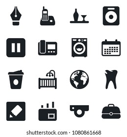 Set of vector isolated black icon - coffee vector, caries, earth, radio phone, speaker, pause button, notes, ink pen, mail, children room, washer, alcohol, web camera, intercome, calendar, case