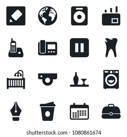 Set of vector isolated black icon - coffee vector, caries, earth, radio phone, speaker, pause button, notes, ink pen, mail, children room, washer, alcohol, web camera, intercome, calendar, case