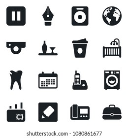 Set of vector isolated black icon - coffee vector, caries, earth, radio phone, speaker, pause button, notes, ink pen, mail, children room, washer, alcohol, web camera, intercome, calendar, case