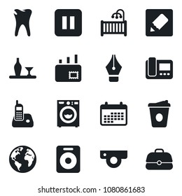 Set of vector isolated black icon - coffee vector, caries, earth, radio phone, speaker, pause button, notes, ink pen, mail, children room, washer, alcohol, web camera, intercome, calendar, case