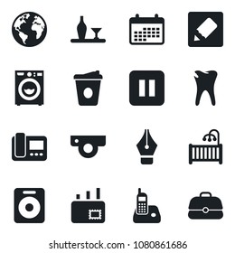 Set of vector isolated black icon - coffee vector, caries, earth, radio phone, speaker, pause button, notes, ink pen, mail, children room, washer, alcohol, web camera, intercome, calendar, case
