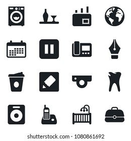 Set of vector isolated black icon - coffee vector, caries, earth, radio phone, speaker, pause button, notes, ink pen, mail, children room, washer, alcohol, web camera, intercome, calendar, case