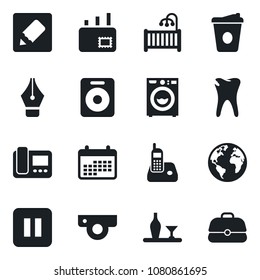 Set of vector isolated black icon - coffee vector, caries, earth, radio phone, speaker, pause button, notes, ink pen, mail, children room, washer, alcohol, web camera, intercome, calendar, case
