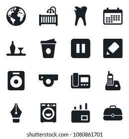 Set of vector isolated black icon - coffee vector, caries, earth, radio phone, speaker, pause button, notes, ink pen, mail, children room, washer, alcohol, web camera, intercome, calendar, case