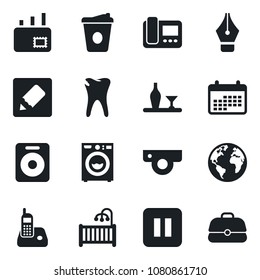 Set of vector isolated black icon - coffee vector, caries, earth, radio phone, speaker, pause button, notes, ink pen, mail, children room, washer, alcohol, web camera, intercome, calendar, case