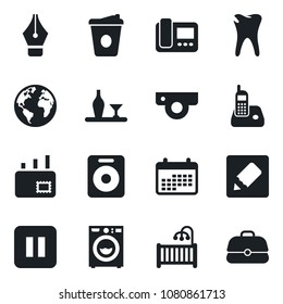 Set of vector isolated black icon - coffee vector, caries, earth, radio phone, speaker, pause button, notes, ink pen, mail, children room, washer, alcohol, web camera, intercome, calendar, case