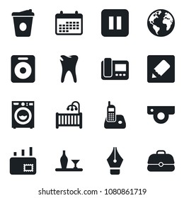 Set of vector isolated black icon - coffee vector, caries, earth, radio phone, speaker, pause button, notes, ink pen, mail, children room, washer, alcohol, web camera, intercome, calendar, case