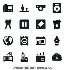 Set of vector isolated black icon - coffee vector, caries, earth, radio phone, speaker, pause button, notes, ink pen, mail, children room, washer, alcohol, web camera, intercome, calendar, case