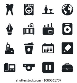 Set of vector isolated black icon - coffee vector, caries, earth, radio phone, speaker, pause button, notes, ink pen, mail, children room, washer, alcohol, web camera, intercome, calendar, case