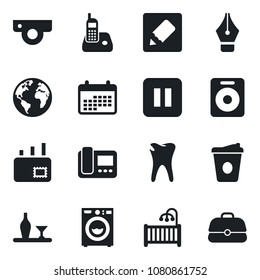 Set of vector isolated black icon - coffee vector, caries, earth, radio phone, speaker, pause button, notes, ink pen, mail, children room, washer, alcohol, web camera, intercome, calendar, case