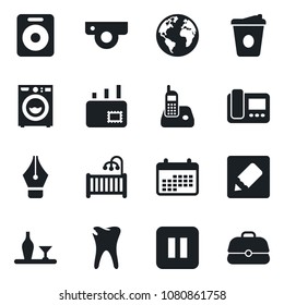 Set of vector isolated black icon - coffee vector, caries, earth, radio phone, speaker, pause button, notes, ink pen, mail, children room, washer, alcohol, web camera, intercome, calendar, case