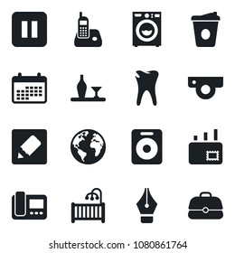 Set of vector isolated black icon - coffee vector, caries, earth, radio phone, speaker, pause button, notes, ink pen, mail, children room, washer, alcohol, web camera, intercome, calendar, case