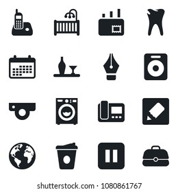 Set of vector isolated black icon - coffee vector, caries, earth, radio phone, speaker, pause button, notes, ink pen, mail, children room, washer, alcohol, web camera, intercome, calendar, case