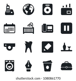 Set of vector isolated black icon - coffee vector, caries, earth, radio phone, speaker, pause button, notes, ink pen, mail, children room, washer, alcohol, web camera, intercome, calendar, case