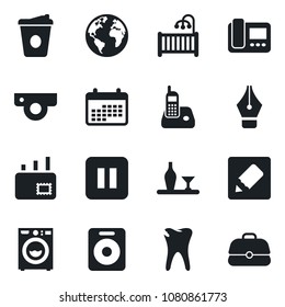 Set of vector isolated black icon - coffee vector, caries, earth, radio phone, speaker, pause button, notes, ink pen, mail, children room, washer, alcohol, web camera, intercome, calendar, case