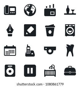 Set of vector isolated black icon - coffee vector, caries, earth, radio phone, speaker, pause button, notes, ink pen, mail, children room, washer, alcohol, web camera, intercome, calendar, case